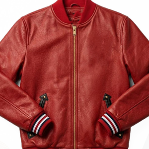 Nouvelle veste bomber en cuir d'agneau véritable rouge pour fraternité, avec fermeture éclair intégrale sur le devant et manches longues pour hommes — Commandes OEM en gros 2026 - Product Image 4