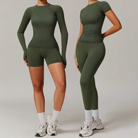 Ensemble de yoga vert olive pour femme, respirant à l'avant, extensible dans les quatre sens, en nylon et élasthanne, haut très extensible, short et leggings, 2 pièces, pour la gym et le fitness