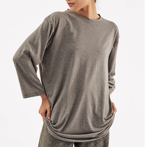 Women's Oversized Crew Neck Three Quarter Sleeve T-Shirt Solid Gray Regular Fit 100% Cotton <b>Jersey</b> Breathable Eco-Friendly - Product Image 4