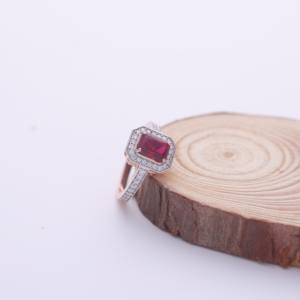IGI Certified Emerald Cut Ruby Halo Ring with Pavé Diamond Band in <b>Solid</b> 925 Sterling <b>Silver</b> - Product Image 6