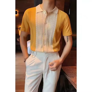เสื้อเชิ้ตแขนสั้นลำลองผู้ชาย คอปกพับได้ แต่งแถบสีตัดต่อ ผ้าทอสำหรับฤดูร้อน - Product Image 2