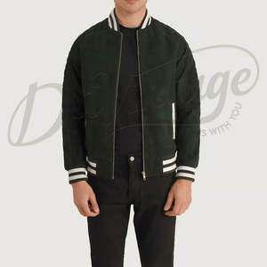 Chaqueta Bomber Varsity de Cuero de Ante Verde Oscuro para Hombre, Ajuste Delgado, Puños Acanalados a Rayas, Estilo Béisbol Casual, Prenda Exterior de Cuero Genuino - Product Image 1