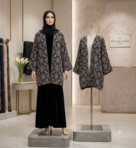 Base en velours noir tricoté, lourdement brodé, à motif géométrique de tuiles et de sequins, pour veste, kaftan, sherwani ethnique pour femme - Product Image 6