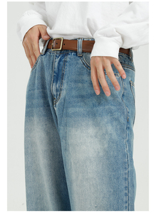 Jeans personnalisés en gros pour femmes, style streetwear hip-hop, ourlet brut, coupe ample, délavé soleil, bleu foncé, jambe large, vintage, 100% coton - Product Image 6