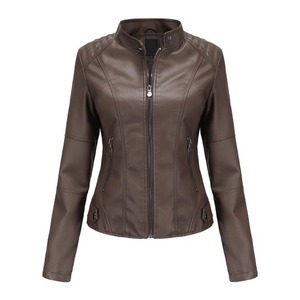 Chaqueta de Motociclista de Cuero PU Marrón para Hombre, Cuello Alto, Cierre de Cremallera, Corte Ajustado, Largo Regular, para Otoño - Product Image 4