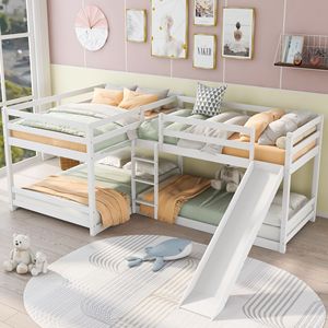 Letto a Castello a Forma di L Bianco, Misura Full & Twin, con Scivolo e Scala Corta per Bambini - Product Image 1