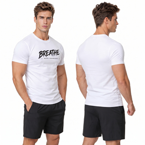 T-shirt de yoga à manches courtes pour homme OEM ODM, imprimé, coupe ajustée, haut d'entraînement de gym, t-shirt de sport ajusté pour homme, 100% coton polyester, t-shirt de yoga - Product Image 4