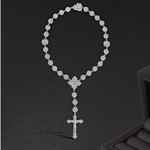 Collier chapelet en argent 925 avec pendentif croix en moissanite, serti pavé, style religieux catholique, bijoux unisexe - Product Image 4
