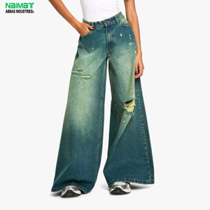 กางเกงยีนส์เอวสูงสีน้ำเงินขาดๆ ทรงขากว้างสำหรับผู้หญิง กางเกงเดนิมทรงหลวมสีเหลืองอมและทรงโอเวอร์ไซส์ - Product Image 1