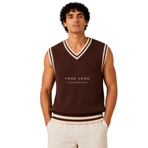 Gilet pull sans manches en maille pour homme, col en V, léger, décontracté, avec rayures contrastantes crème et marron chocolat, personnalisable avec logo - Product Image 1