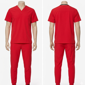 Conjunto de Uniforme Médico Rojo Unisex de Tela Dobby de Poliéster de 180 GSM de Primera Calidad, con Logotipo Bordado Personalizado, Ropa de Hospital - Product Image 1