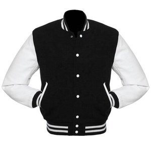 Latest Style Custom Fig Breathable Stand Collar Men's Varsity <b>Jackets</b> <b>Black</b> Woolen Sleeve Hoodie for Spring Wholesale Price - Product Image 4