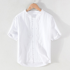 Mandarin <b>Collar</b> Cotton Casual <b>Men</b> <b>Shirt</b> Short Sleeve Button Down Regular Fit <b>Shirts</b> Clothes <b>Shirts</b> <b>Men</b> - Product Image 2