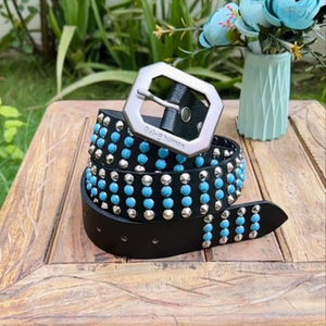 Handmade Vintage Western Antique <b>Studded</b> Rivet Turquoise Women's Full Grain Leather Waist Belt Bronze For Buckle - Product Image 3