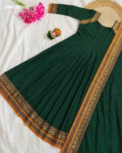 Good Quality Vichitra Silk with Embroidered Border & Full-Flared Readymade <b>Ankle</b>-Length Anarkali Kurti-Dupatta Indian Supplier - Product Image 4