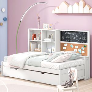 Cama nido individual con estantes de almacenamiento, pizarra y tablero de corcho, puertos USB, blanca, con cama nido extraíble para niños - Product Image 3