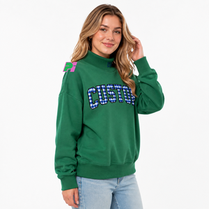 Sudadera de cuello alto para mujer con letras de tela a cuadros y ribetes, sudadera extragrande con bordado en el cuello - Product Image 3