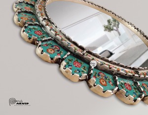 Hand-Painted Turquoise & Floral Scalloped Crystal Glass <b>Round</b> <b>Wall</b> <b>Mirror</b> 5mm Thick REHMAN CRAFT - Product Image 2