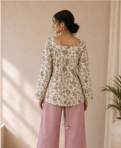 <b>Women</b> Cotton Short <b>Kurti</b> Square Neck Floral Printed Long Sleeve Loose Fit Casual Ethnic Top Pink Outfit All Seasons - Product Image 2