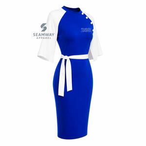 Vestido midi ajustado de mujer Zeta Phi Beta con bloques de color en contraste azul y blanco, manga tipo capa, detalle de botones y lazo en la cintura - Product Image 2