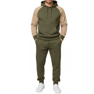 Wholesale Athletic <b>Mens</b> olive <b>Green</b> Tracksuit | tan Raglan Sleeve Contrast Jogging <b>Suit</b> | Hoodie and Pants Set - Product Image 1