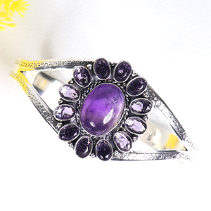New Arrival Handmade 925 Sterling Silver Gemstone Jewelry Cluster Statement Cuff <b>Bracelet</b> Natural <b>Amethyst</b> Designer <b>Bracelet</b> - Product Image 3