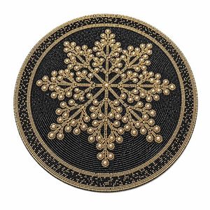 Round Embroidered <b>Snowflake</b> Table <b>Placemat</b> Navy Gold Fabric Handmade Glam Decor 450mm - Product Image 5