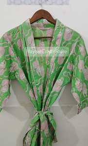 Bata Kimono Larga sin Cuello para Mujer con Estampado de Bloques Indios, Mangas Largas, Cierre con Cordón, 100% Algodón, para Baño - Product Image 2