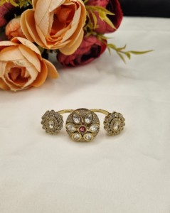 Traditional Style Kundan Stone Double <b>Finger</b> <b>Ring</b> Floral Cluster <b>Ring</b> Wedding Jewelry Artificial Imitation Jewellery Collections - Product Image 3