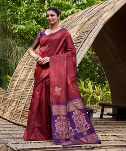 Sari de Seda Color Granate con Borde Morado, Traje Tradicional Indio para Bodas, para Mujer - Product Image 1