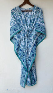 Nuevo y Elegante Kaftán con Estampado Animal, Cuello en V, Cordón Ajustable, Manga Corta, Corte Evase, de Algodón Suave Indio, con Encaje, Largo Completo, para Playa - Product Image 2