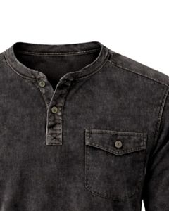 Sudadera Henley de Manga Larga para Hombre, Lavado Ácido, Color Negro, Estilo Casual con Botones y Bolsillo, Prenda de Invierno, Algodón, Corte Ajustado - Product Image 5