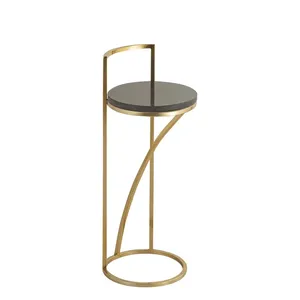 Mesa Auxiliar Redonda Moderna con Estructura de Latón y Tapa de Piedra Oscura, Mueble Decorativo para Sala de Estar Interior - Product Image 3