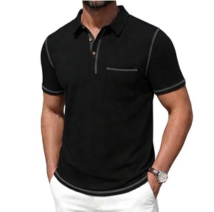 Polo à manches courtes noir pour homme, couleur unie, boutons sur le devant, décontracté, en coton tricoté, avec poche, coupe classique - Product Image 1