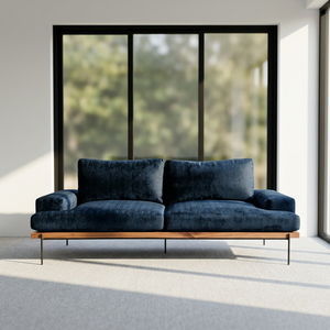 Canapé en tissu bleu marine de style mid-century modern avec base en bois massif et pieds en métal pour salon - Product Image 4