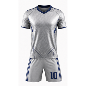 Top selling Silver Soccer Uniform Set Navy Blue Trim Honeycomb Sublimated Football Jersey & Shorts - Product Image 1