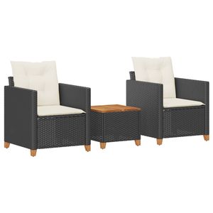 3 pezzi nero Poly Rattan legno di Acacia Set bistrot con cuscini da giardino - Product Image 2