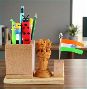 Wooden Desk Organizer Pen Holder with Mini Flag <b>Office</b> <b>Gift</b> Set Custom Corporate Giveaway - Product Image 6