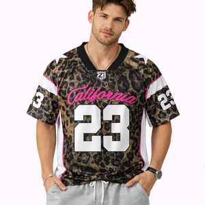 Maillot de football américain unisexe surdimensionné en polyester à imprimé léopard par sublimation, style streetwear, fournisseur de maillots de football - Product Image 1