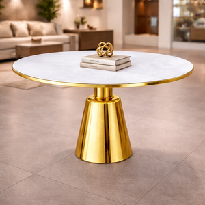 Mesa de Centro Redonda Contemporánea y Duradera con Base de Pedestal de Metal Dorado, Muebles de Lujo para el Hogar con Estructura Metálica - Product Image 3
