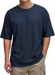 Camiseta de Hombre Azul Marino Lisa Teñida 100% Algodón Manga Corta Cuello Redondo Casual Oversize de Corte Regular Tejido Jersey - Product Image 2