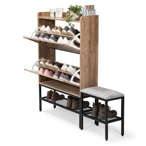 Meuble à chaussures style porte de grange, 2 compartiments rabattables avec panneau en treillis métallique, pieds en métal, coussinets souples, 1 crochet - Étagère à chaussures en particules - Product Image 4