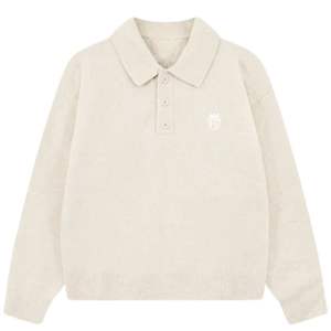 Pull en maille à manches longues pour homme, col boutonné texturé, beige, doux, décontracté, hiver, mélange de coton, OEM - Product Image 1