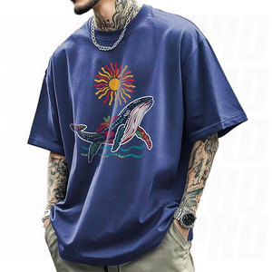 Camiseta de Algodón Azul con Estampado de Ballena para Hombre, Diseño de Moda, Estilo Urbano, Listo para Enviar, Tops DTG DTF Screen, Venta Caliente - Product Image 1