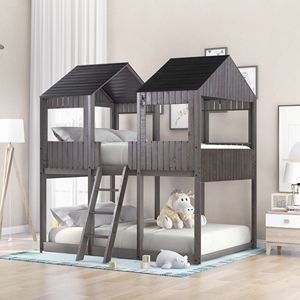 Letto a Castello in Legno Grigio Anticato per Bambini, Misura Full Over Full con Finestra sul Tetto, Ringhiera e Scala (LT000031AAE) - Product Image 1