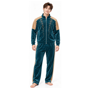 Ensemble de survêtement en velours pour homme, veste zippée à col montant, empiècements contrastants aux épaules, pantalon large, deux pièces, tenue décontractée - Product Image 1