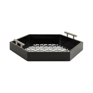 Wholesale Luxury Hexagonal Black Serving <b>Tray</b> Bulk Hotel Platter with Elegant Geometric Cutout Base and Silver Side Handles - Product Image 1