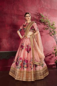 <b>Peach</b> Floral Print Silk Lehenga Choli Set Embroidered Bollywood Outfit With Dupatta Wedding Party Wear - Product Image 3
