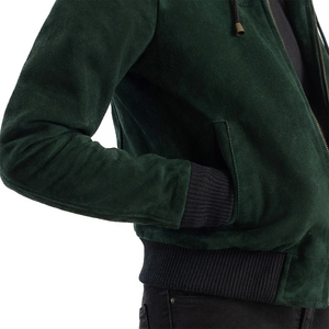 <b>Women's</b> Green Suede <b>Leather</b> <b>Moto</b> <b>Jacket</b> With Zipper Front Full Sleeve Stand Collar Autumn Outerwear Winter Season - Product Image 3