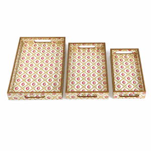 Ensemble de plateaux décoratifs en bois faits à la main avec motif géométrique |   Plateaux de présentation imbriqués pour table basse, organisateur et décoration d'ambiance - Product Image 1